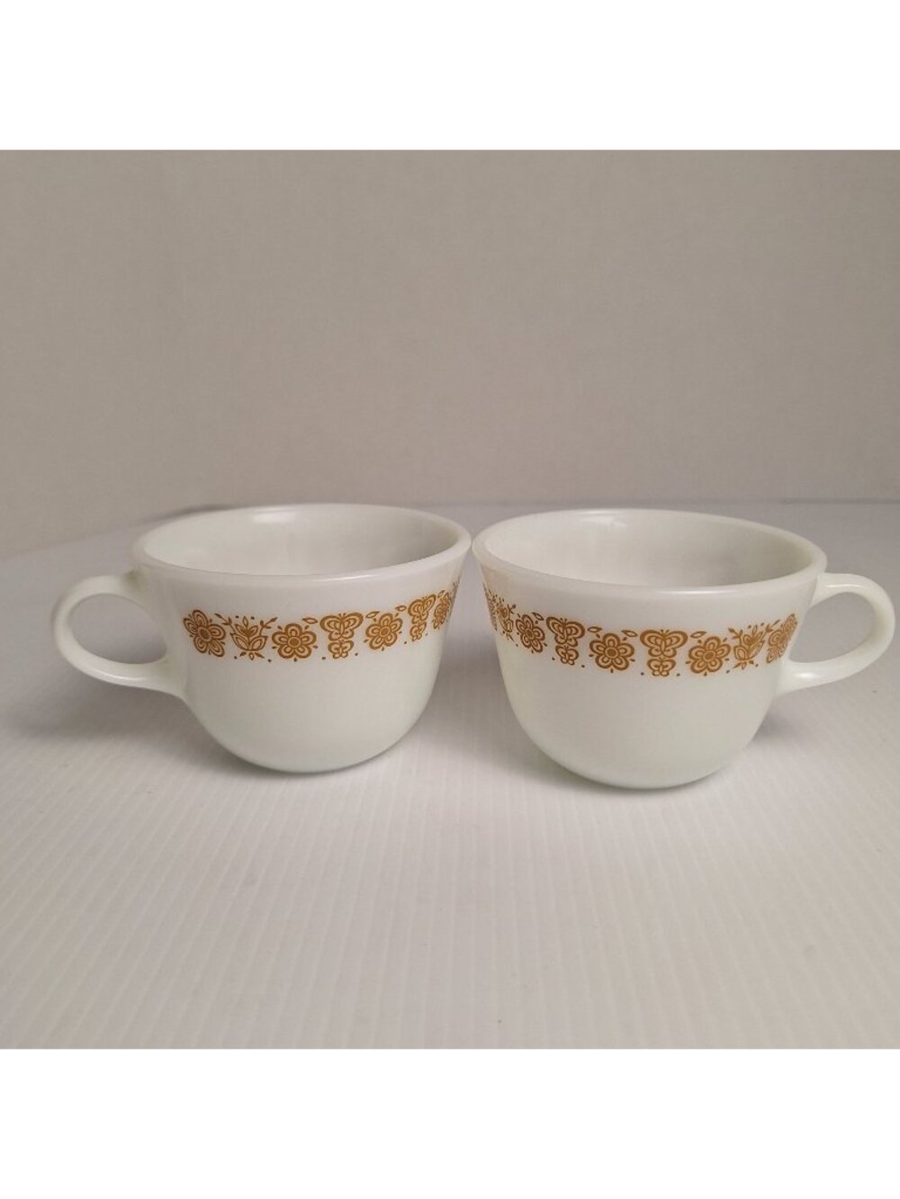 SET OF (2) 1970'S PYREX WHITE OPAQUE MILK GLASS "BUTTERFLY GOLD" TEA/COFFEE CUPS